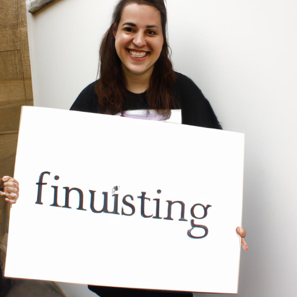 Person holding fundraising sign, smiling